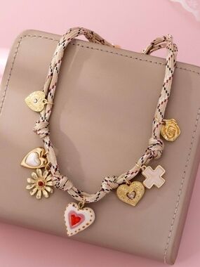 Ivory & Red Cord Multi-charm Boho Necklace